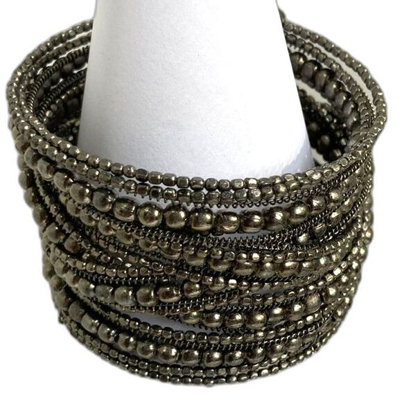CLEOPATRA Vintage Copper Layered Beaded Braided Blingy Stretch Cuff Bracelet - Picture 1 of 12
